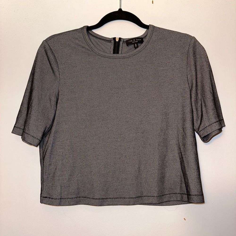 Rag & Bone Womens Crop Top Striped Short Sleeve Shirt Zip Black Gray Size 10